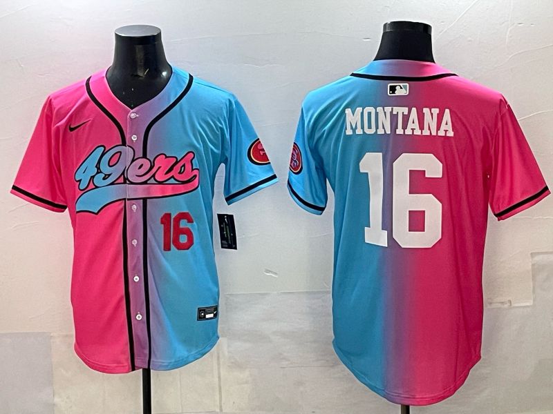 Men 2025 San Francisco 49ers #16 Montana Pink Blue Nike Limited NFL Jersey 03